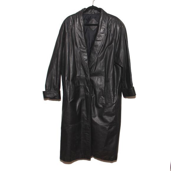 Vintage 80s JC Penney Long Leather Duster Trench Coat Size 18W - Picture 1 of 12